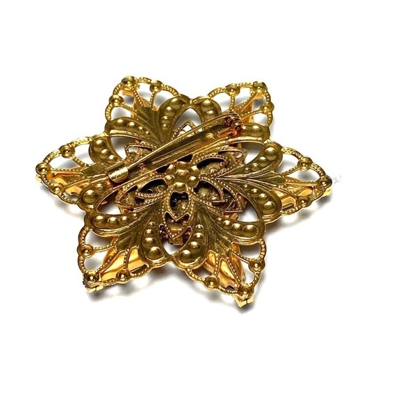 Vintage Brooch Pin Star Crystals Rhinestones Amber Pink Yellow Gold Tone - Picture 6 of 9